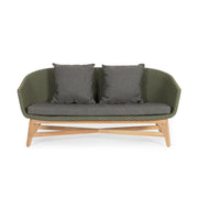 Design kerti kanapé, olajzöld olefin kötélszövéssel, szürke színű ülő és hátpárnákkal.