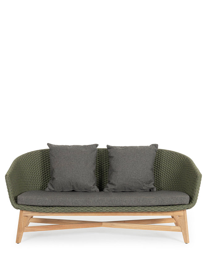 Design kerti kanapé, olajzöld olefin kötélszövéssel, szürke színű ülő és hátpárnákkal.