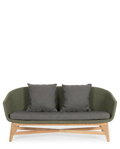 Design kerti kanapé, olajzöld olefin kötélszövéssel, szürke színű ülő és hátpárnákkal.