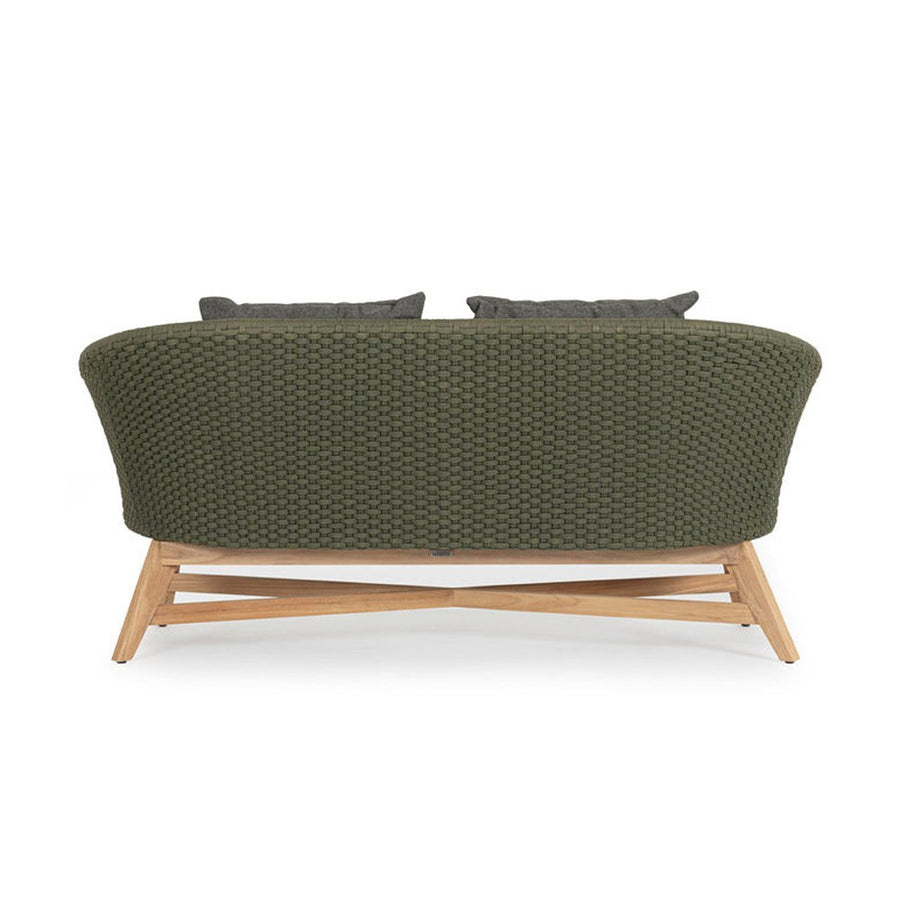 Design kerti kanapé, olajzöld olefin kötélszövéssel, szürke színű ülő és hátpárnákkal.