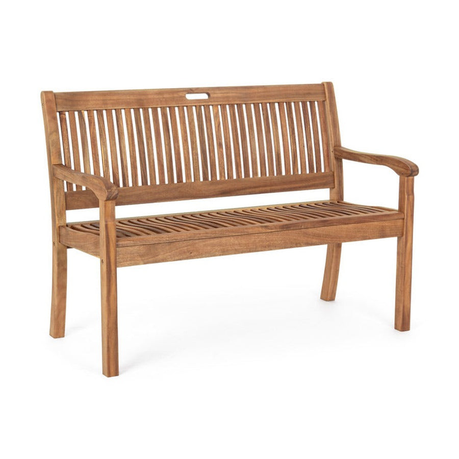 Natúr színű, akácfából készült, kétszemélyes kerti pad, háttámlával és karfával.