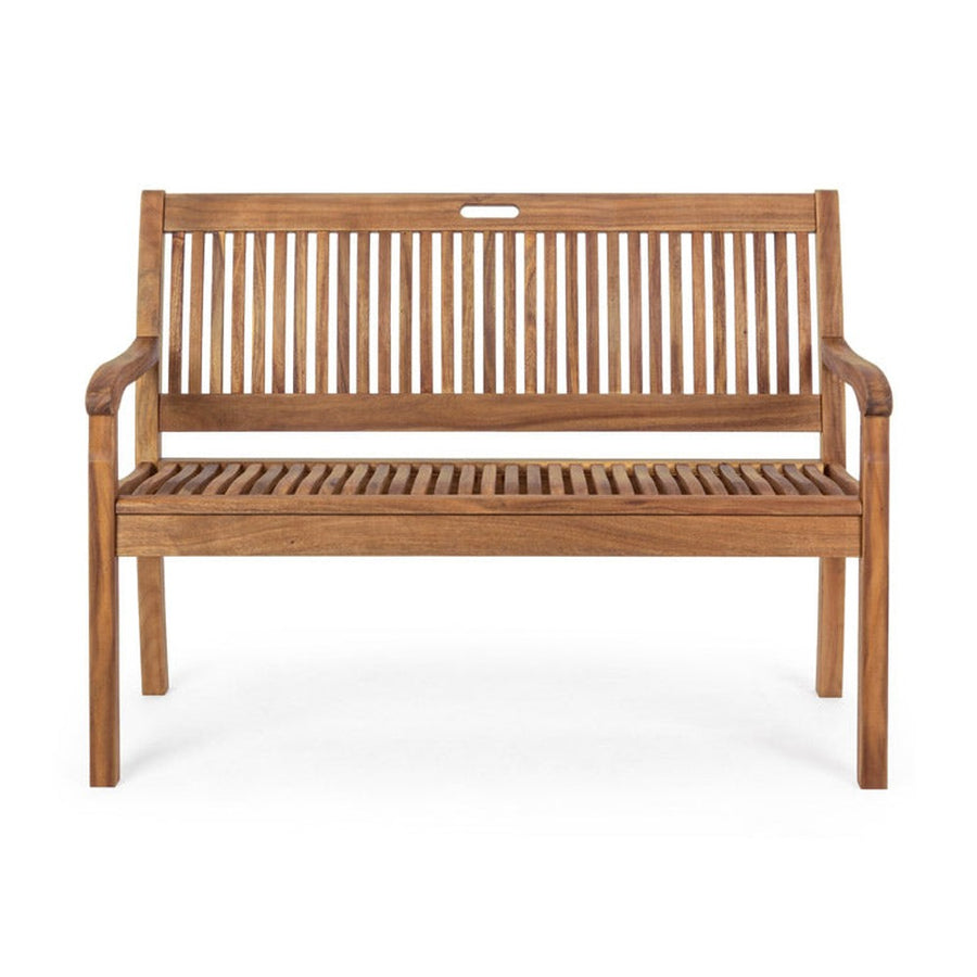 Natúr színű, akácfából készült, kétszemélyes kerti pad, háttámlával és karfával.
