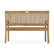 Natúr színű, akácfából készült, kétszemélyes kerti pad, háttámlával és karfával.