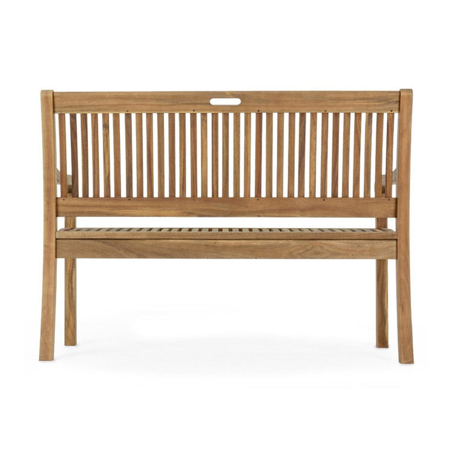 Natúr színű, akácfából készült, kétszemélyes kerti pad, háttámlával és karfával.