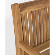 Natúr színű, akácfából készült, kétszemélyes kerti pad, háttámlával és karfával.