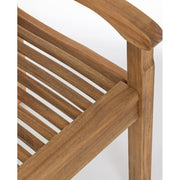 Natúr színű, akácfából készült, kétszemélyes kerti pad, háttámlával és karfával.