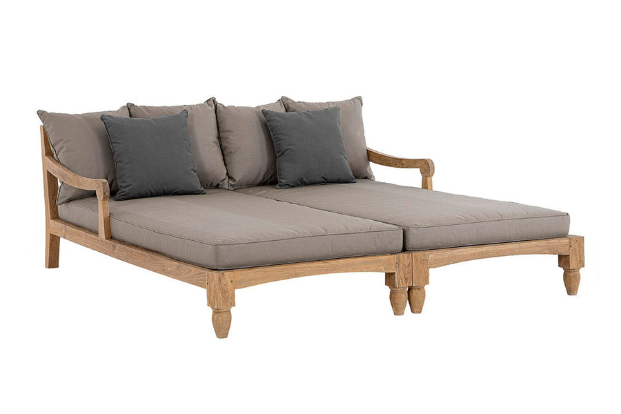 Két darabos, keleti stílusú teakfa pihenőágy szett szürkésbarna színű ülő- és hátpárnákkal.