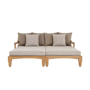 Két darabos, keleti stílusú teakfa pihenőágy szett bézs színű ülő- és hátpárnákkal.