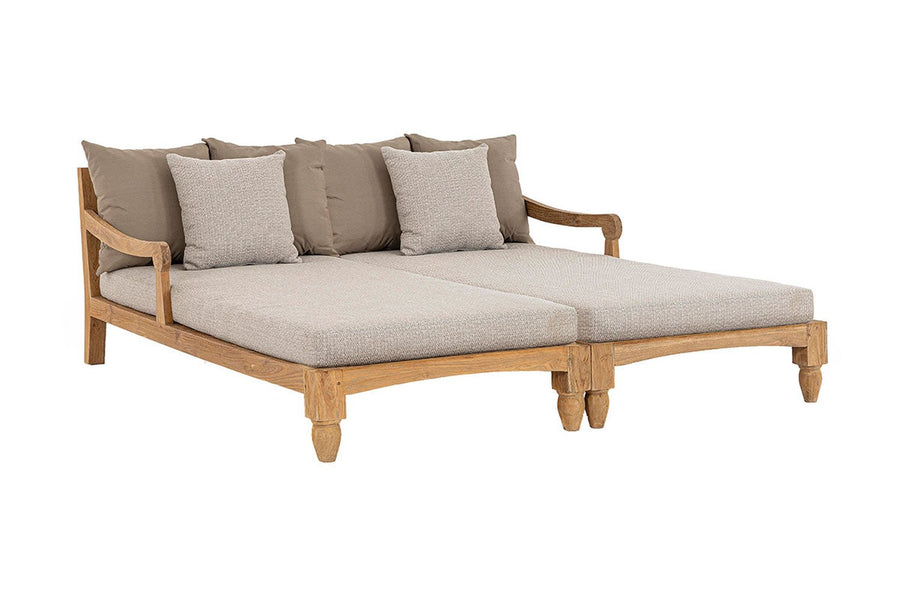 Két darabos, keleti stílusú teakfa pihenőágy szett bézs színű ülő- és hátpárnákkal.