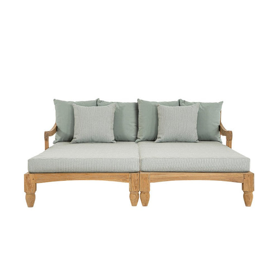 Két darabos, keleti stílusú teakfa pihenőágy szett zöldeskék színű ülő- és hátpárnákkal.