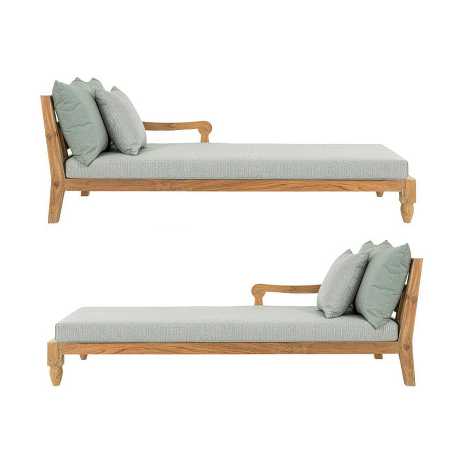 Két darabos, keleti stílusú teakfa pihenőágy szett zöldeskék színű ülő- és hátpárnákkal.