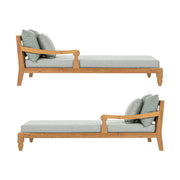 Két darabos, keleti stílusú teakfa pihenőágy szett zöldeskék színű ülő- és hátpárnákkal.