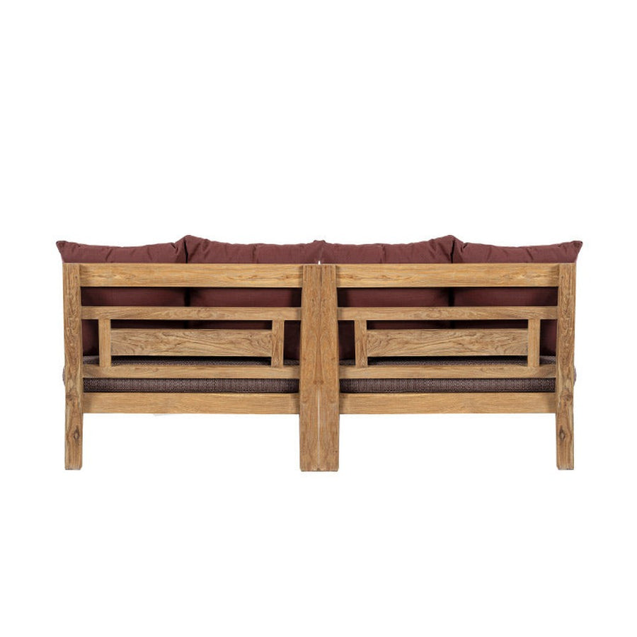 Két darabos, keleti stílusú teakfa pihenőágy szett bordó színű ülő- és hátpárnákkal.