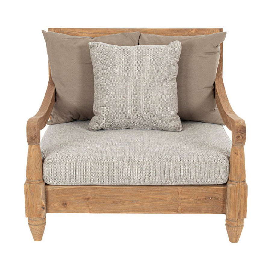 Keleti stílusú teakfa fotel bézs színű ülő- és hátpárnákkal.
