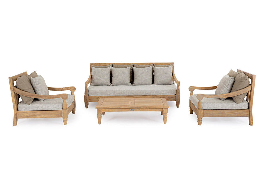 A Bali kollekció bézs színű családja két fotellel, kanapéval és dohányzóasztallal.