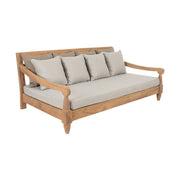 Keleti stílusú teakfa kanapé bézs színű ülő- és hátpárnákkal.
