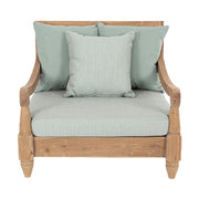 Keleti stílusú teakfa fotel zöldeskék ülő- és hátpárnákkal.