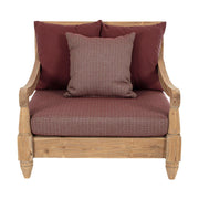 Keleti stílusú teakfa fotel bordó színű ülő- és hátpárnákkal.