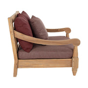 Keleti stílusú teakfa fotel bordó színű ülő- és hátpárnákkal.