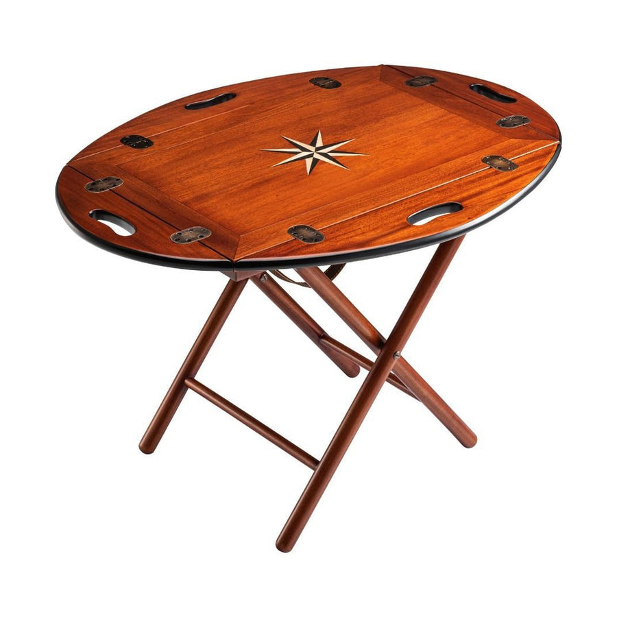 Mahagónifából készült, hordozható, tálcává alakítható szervírozóasztal felülnézeti képe