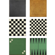 Bőr és faborítású fedlap, dámajáték, sakktábla, ostábla és kockajáték-tábla.