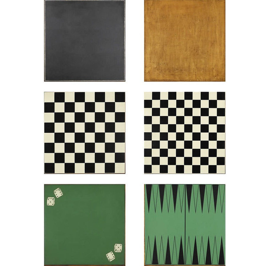 Bőr és faborítású fedlap, dámajáték, sakktábla, ostábla és kockajáték-tábla.