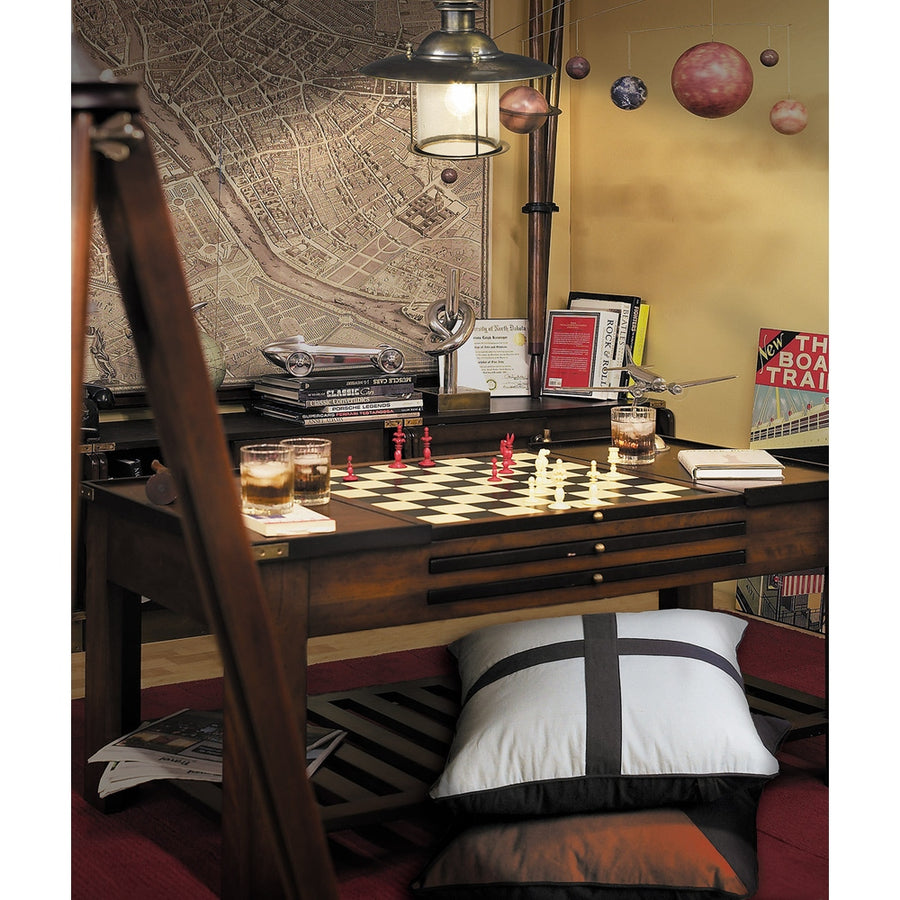 Vintage stílusú nappali többfunkciós játékasztallal.