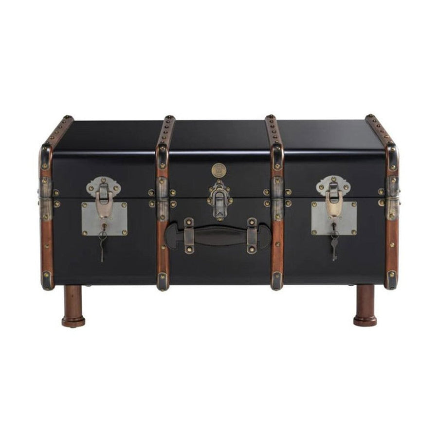 Századfordulós utazóláda stílusban készült, fekete és mahagóni színű dohányzóasztal lábakon.