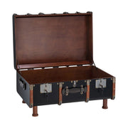 Századfordulós utazóláda stílusban készült, fekete és mahagóni színű dohányzóasztal lábakon.