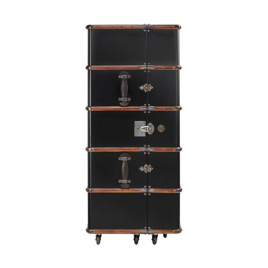 Századfordulós utazási bőröndök stílusában készült, fekete és mahagóni színű többfukciós bárszekrény zárt állapotban.
