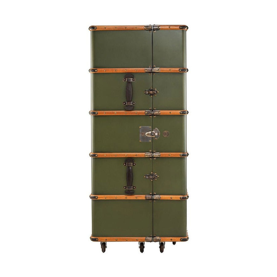 Századfordulós utazási bőröndök stílusában készült, zöld és mahagóni színű többfukciós bárszekrény zárt állapotban.