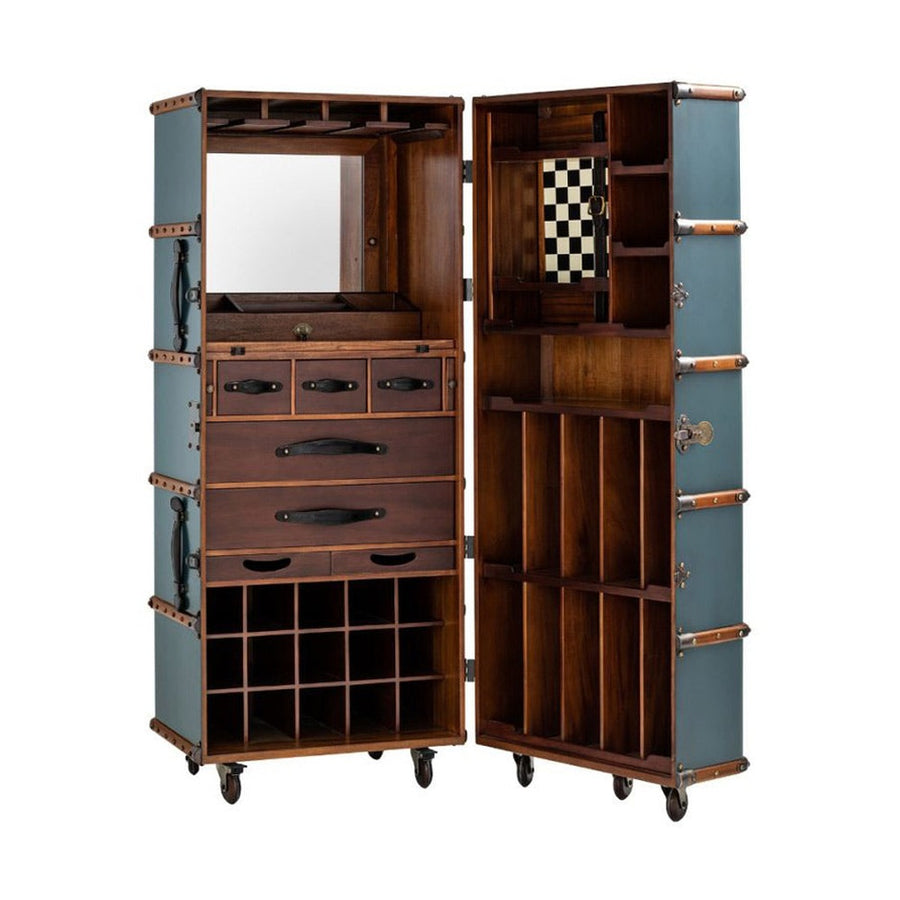 Századfordulós utazási bőröndök stílusában készült, kék és mahagóni színű többfukciós bárszekrény kinyitva.
