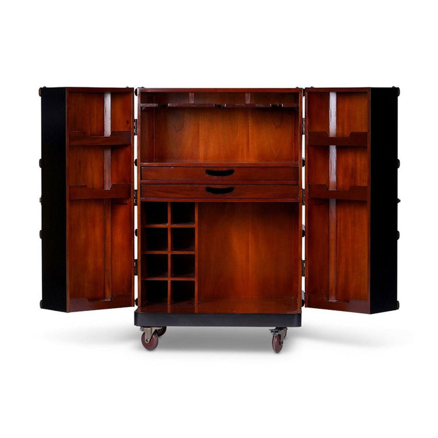 Századfordulós utazási bőröndök stílusában készült, fekete és mahagóni színű többfukciós bárszekrény görgőkön.