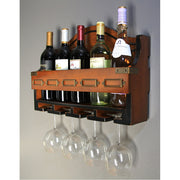 Fali bortartó öt palack borral és öt borospohárral.