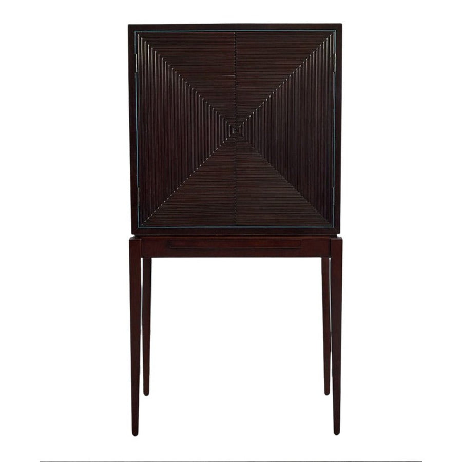 Fából készült, art deco stílusú, fényes barna, bárszekrény, redőzött díszítéssel.