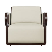 Kőrisfából készült, századközepi modern stílusú, design fotel fekete és fehér sávozott kárpitozással