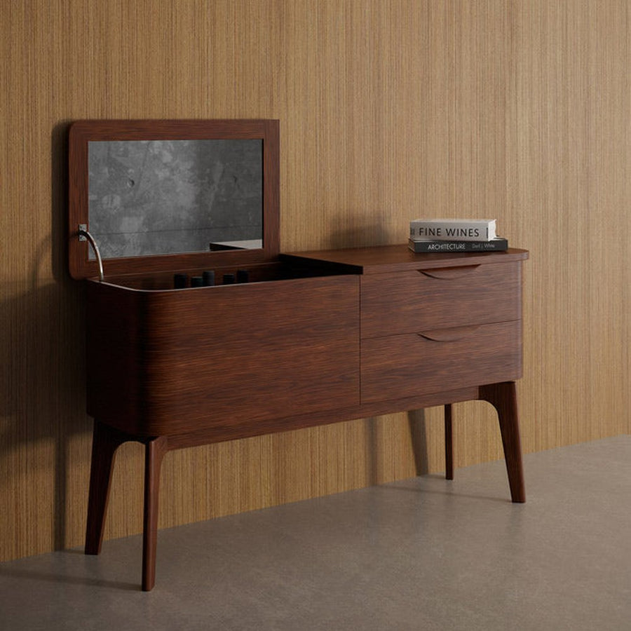 Kőrisfából készült, századközepi modern stílusú, design likőrös komód.