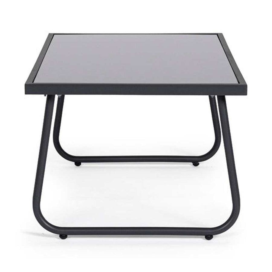 A kortárs stílusú, szénfekete színű fém kerti bútor szett dohányzóasztal eleme.