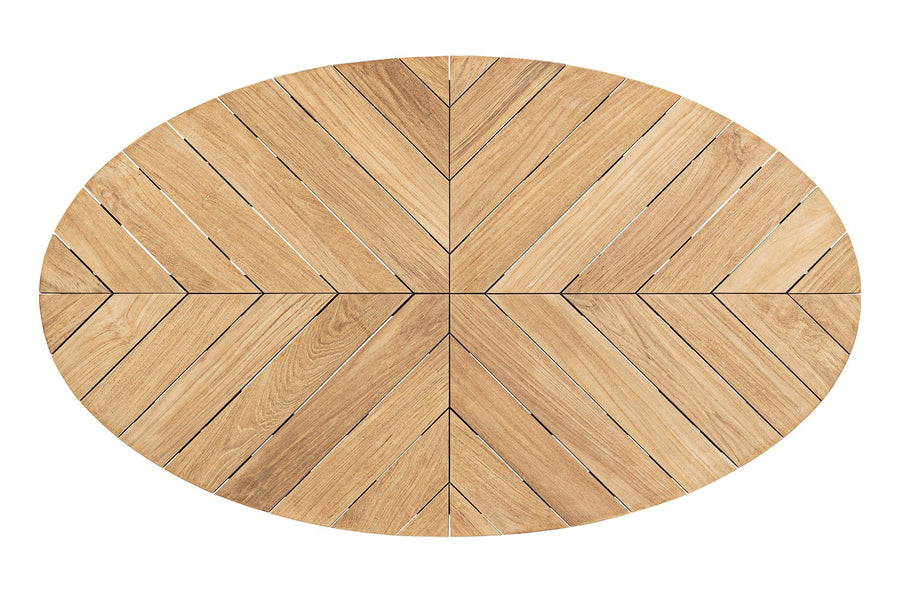 A teakfa dohányzóasztalt felapját alkotó elemek gyönyörű mintázata.