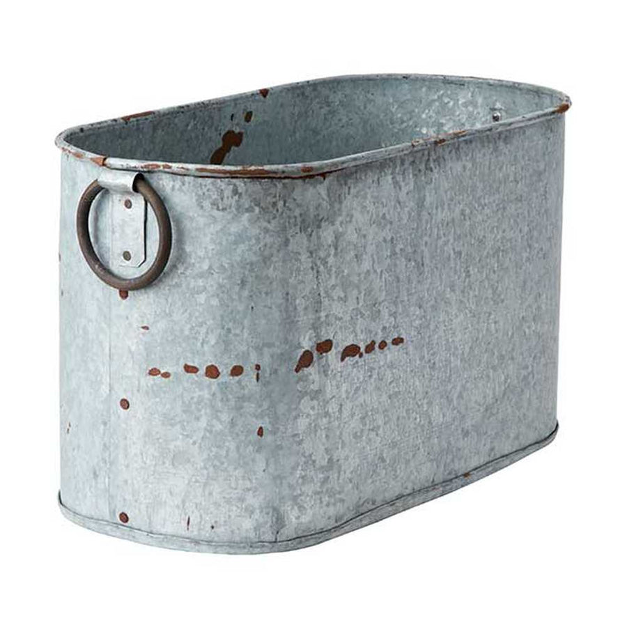 Vidék, country stílusú, óriás méretű, 50 és 60 cm hosszú, antikolt patinás felületű füles bádogkaspó szett