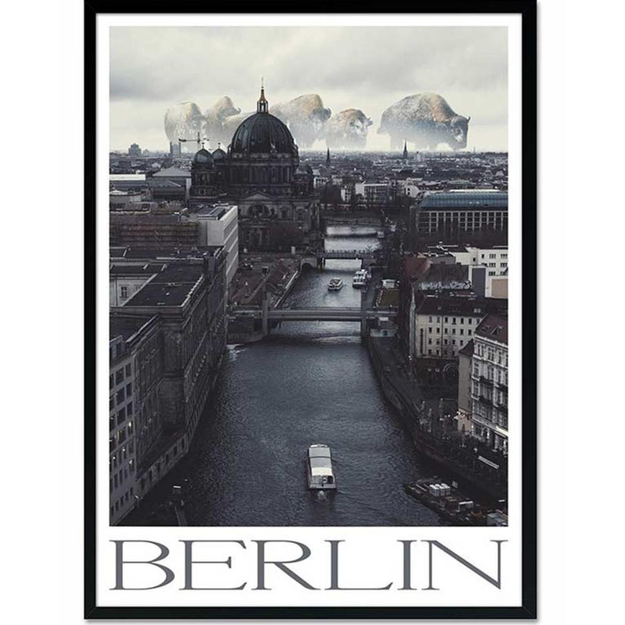 Loft stílusú, Berlint ábrázoló fotóprint üvegezett fekete színű fa képkeretben