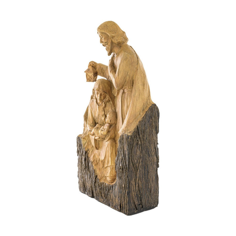 Antikolt felületű, fahatású, szoborszerű karácsonyi betlehem oldalsó nézet.