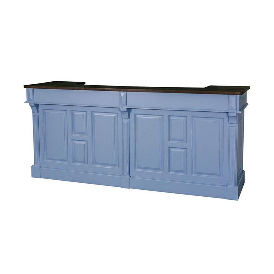 Country stílusú Fenyőfa bárpult faragott kazettadíszekkel. Kék színű, a pult felső része sötétbarna.