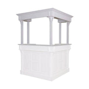 Fehér színű, fenyőfából készült bárpult sarokelem öt oszlopon álló galériával.