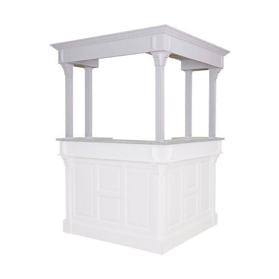 Fehér színű, fenyőfából készült bárpult sarokelem öt oszlopon álló galériával.