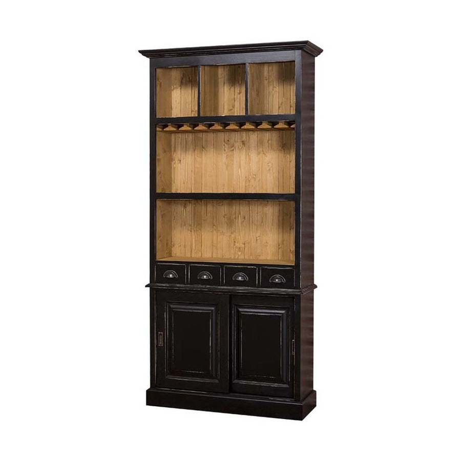 Fenyőfa pohárszék szekrény. A bútor felső részén három tárolórekesz, két polc, valamint talpasz poharak számára kialakított tárolósor lett kialakítva. Alul három fiók, és tolóajtós tároló található. Színe: antikolt fekete és natúr.