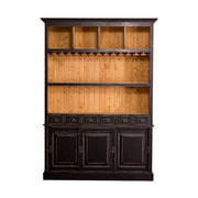 Tömör fenyőfából készült, prémium kategóriás, nagyméretű, 180 cm hosszú és 210 cm magas pohárszék, bárszekrény. Színe: antikolt fekete és natúr.