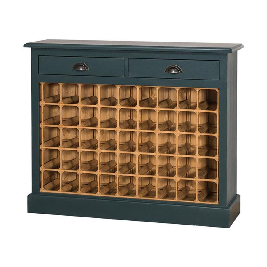 Fenyőfa borszekrény 49 bortartó rekesszel és két fiókkal. Natúr és sötéttürkiz színű.