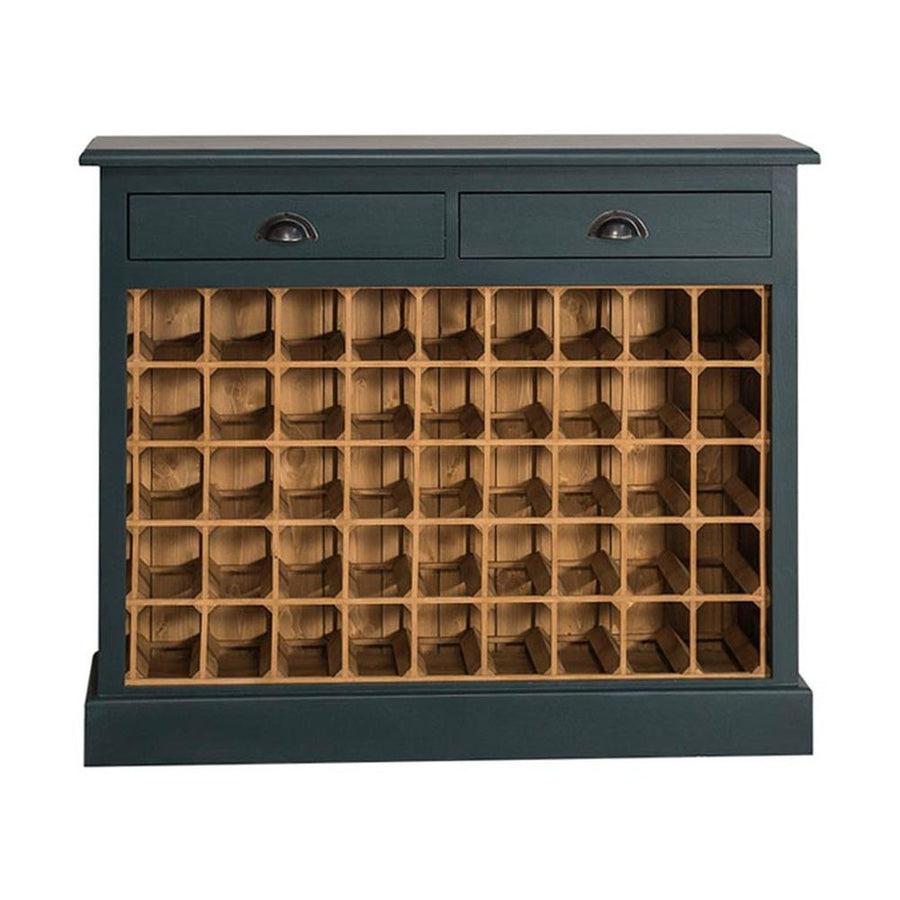 Fenyőfa borszekrény 49 bortartó rekesszel és két fiókkal. Natúr és sötéttürkiz színű.