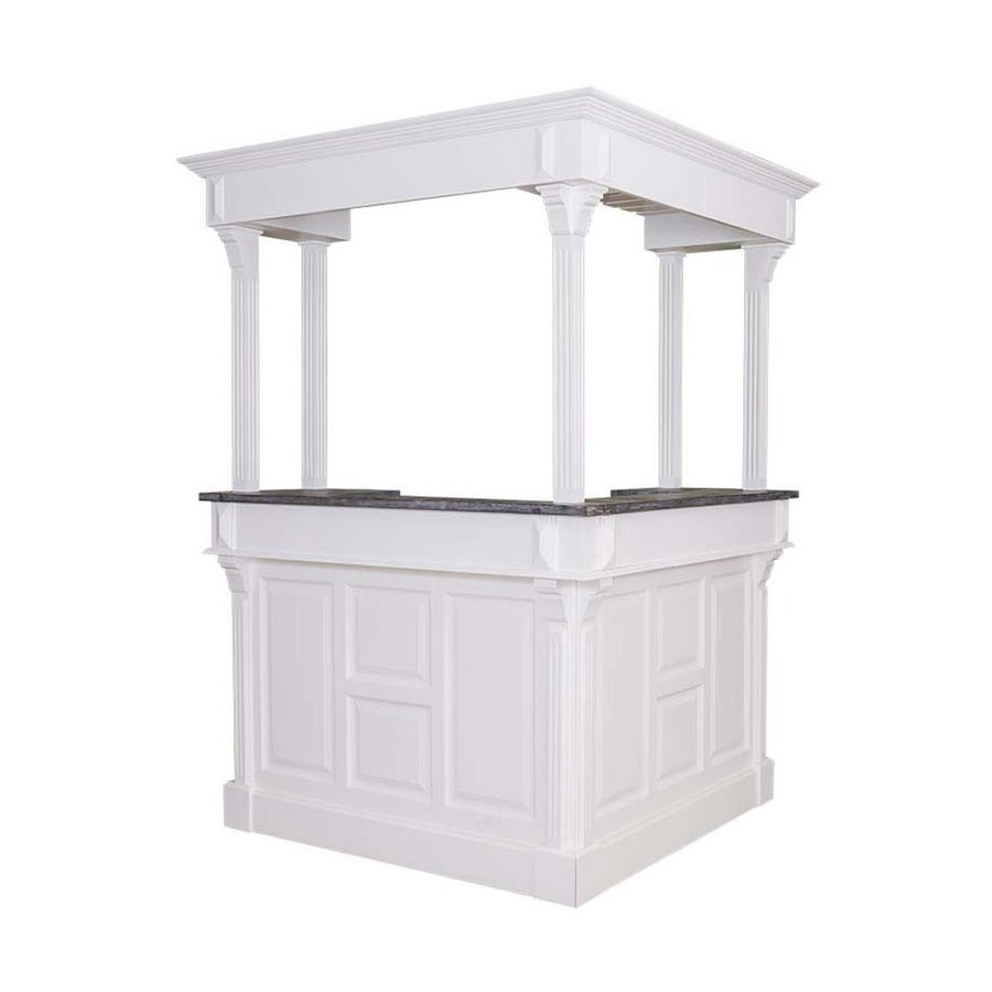 Fehér színű, fenyőfából készült bárpult, sötétszürke pultlappal és öt oszlopon álló galériával.     